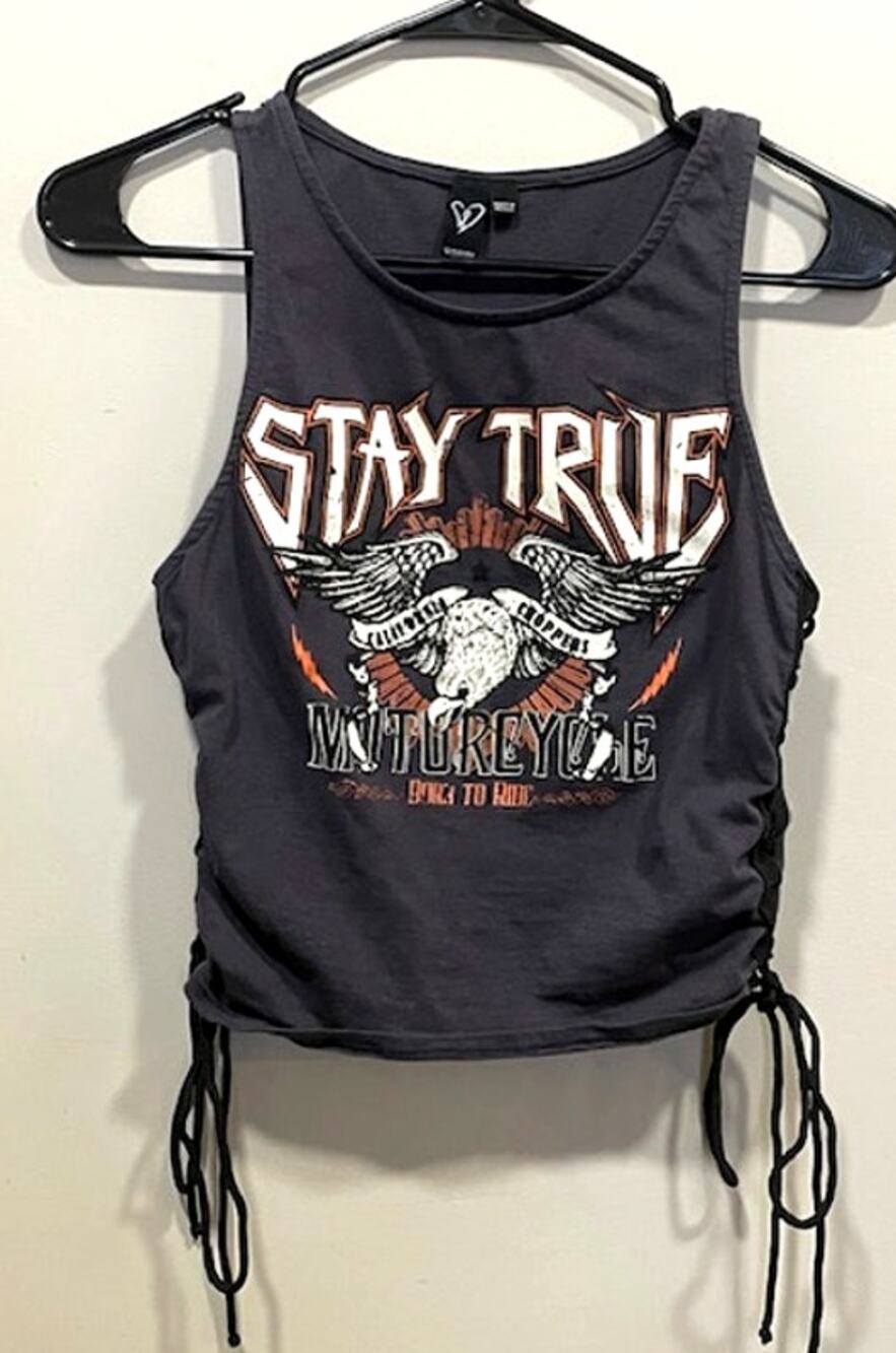 "Stay True" Windsor Rocker Motorcycle Concert Sleeveless Cropped Tee Sz L